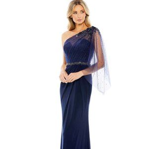 MAC DUGGAL 79392 EMBELLISHED ONE SHOULDER DRAPED NAVY GOWN sz 8